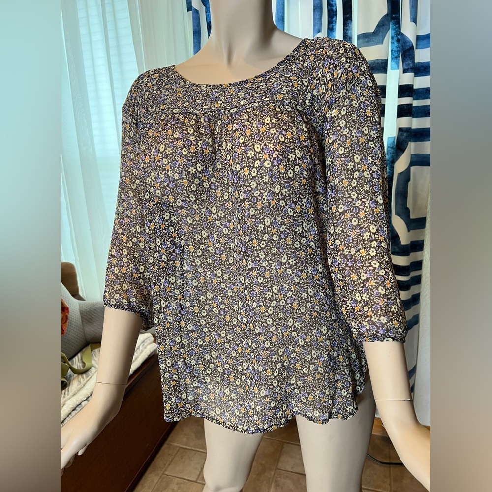 Lauren Conrad Floral Chiffon Quarter Sleeve Blouse Size Large